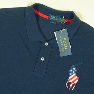 Polo Ralph Lauren Big Pony USA Flag Polo Shirt Womens XL Navy Blue Pique New
